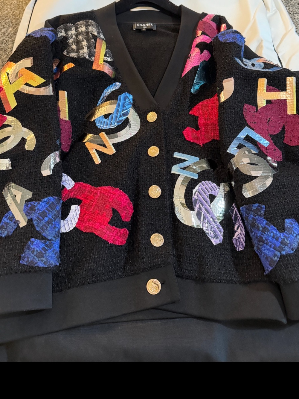 CHANEL Black Multicolor Logo Appliqué Tweed Cardigan